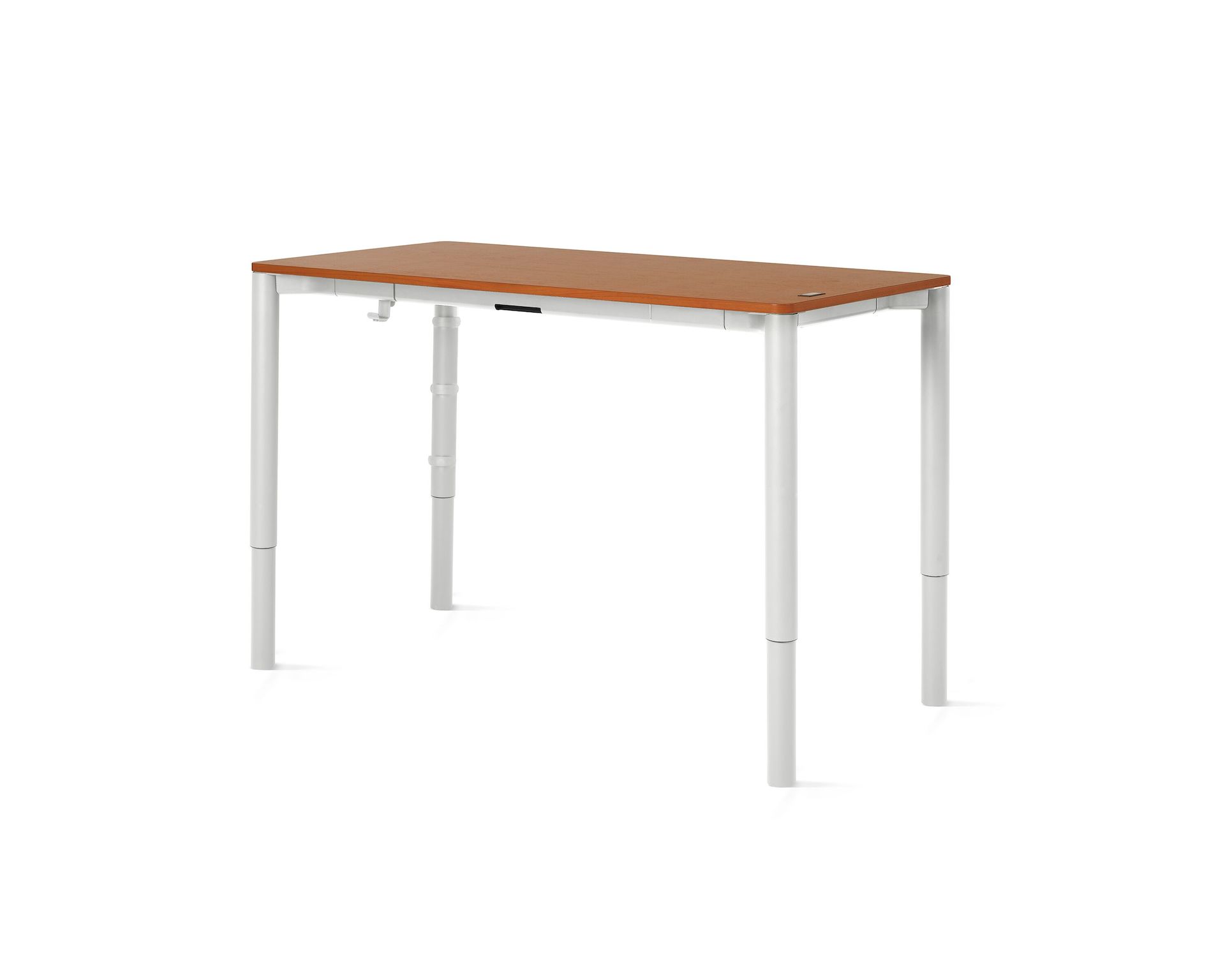 Four leg height-adjustable table shown with a dark woodgrain surface and white legs.