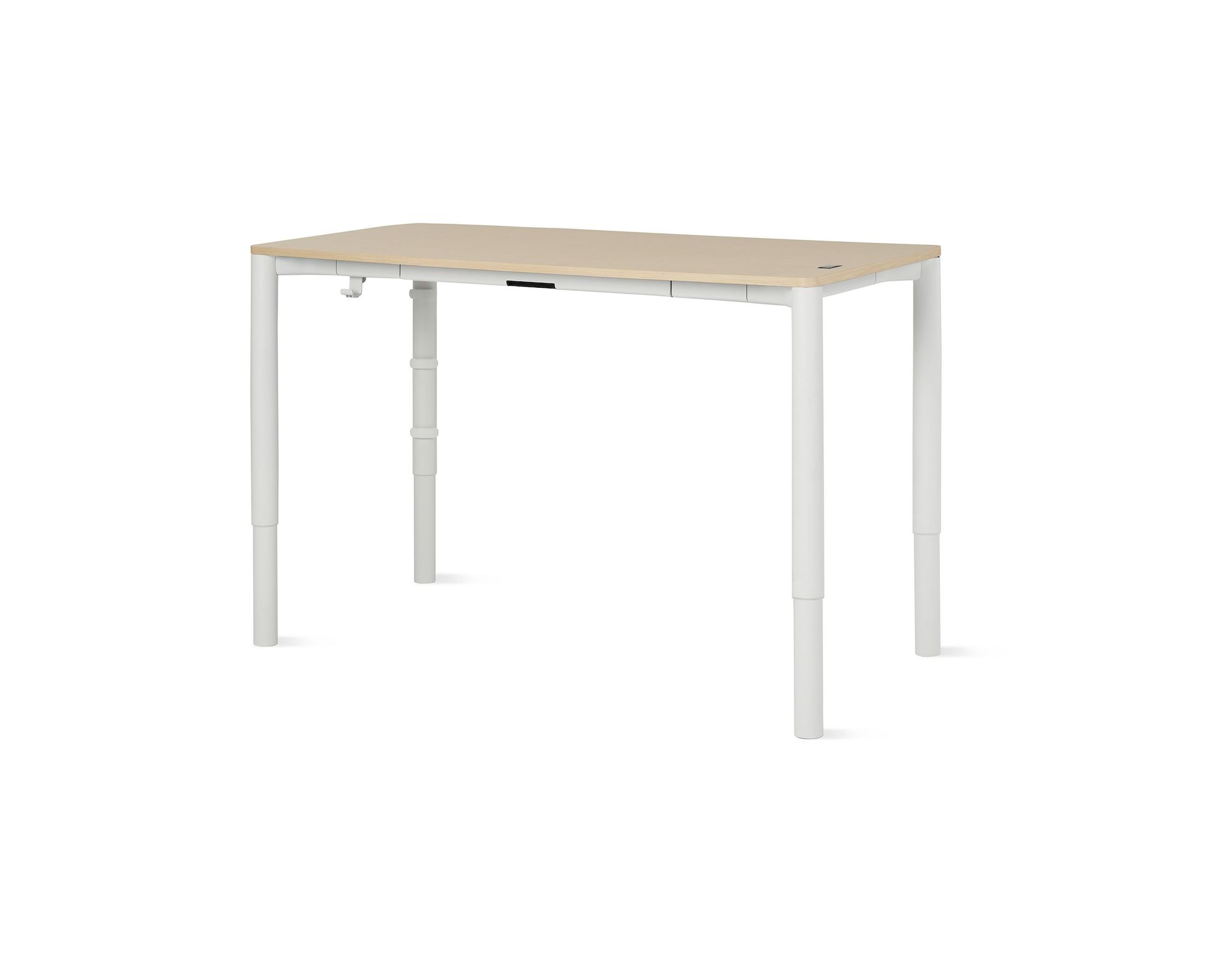 Four leg height-adjustable table shown with a light woodgrain surface and white legs.