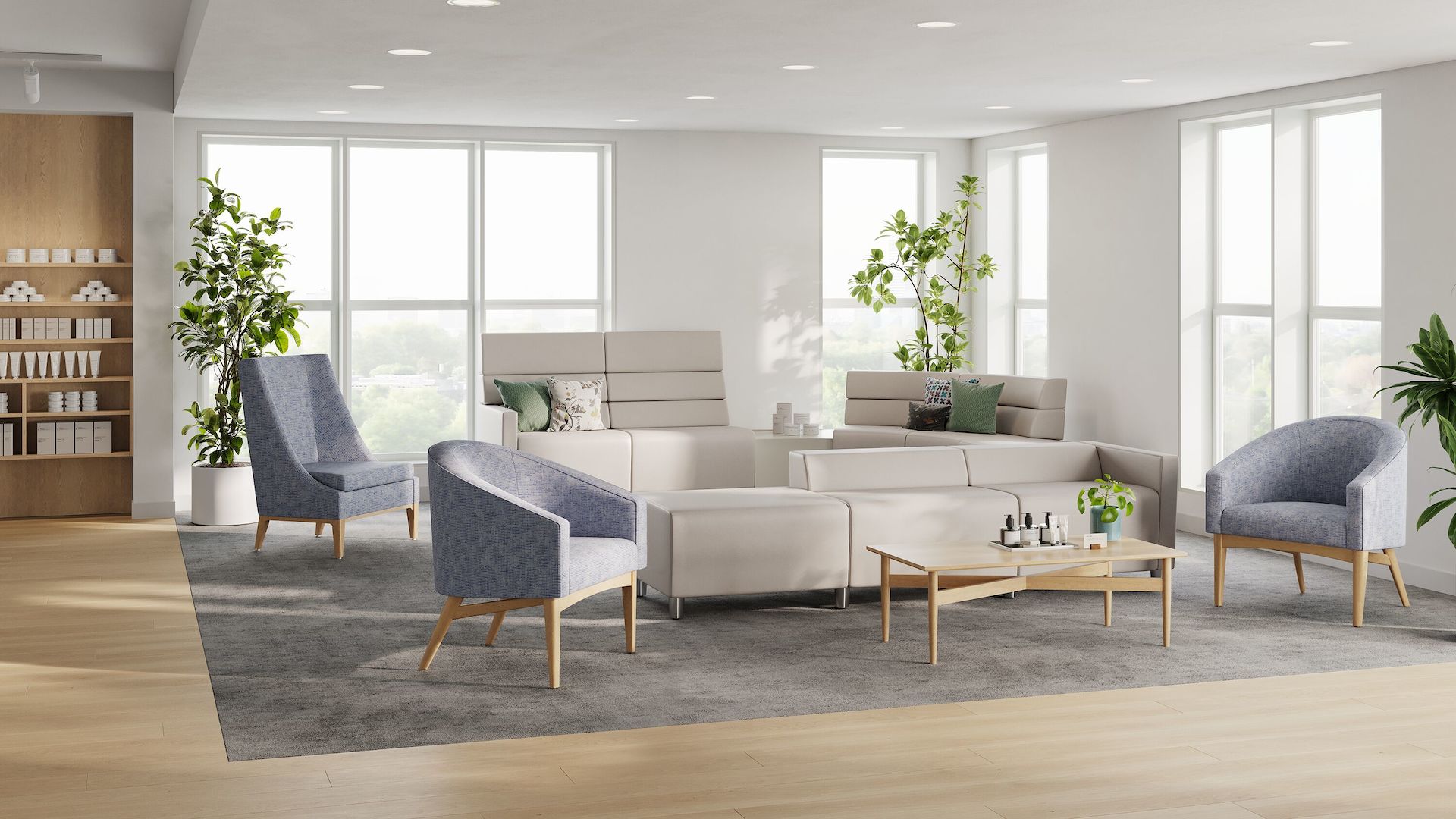 Premium waiting room, boutique care or dermatology office with Sophora Chairs and Steps Lounge