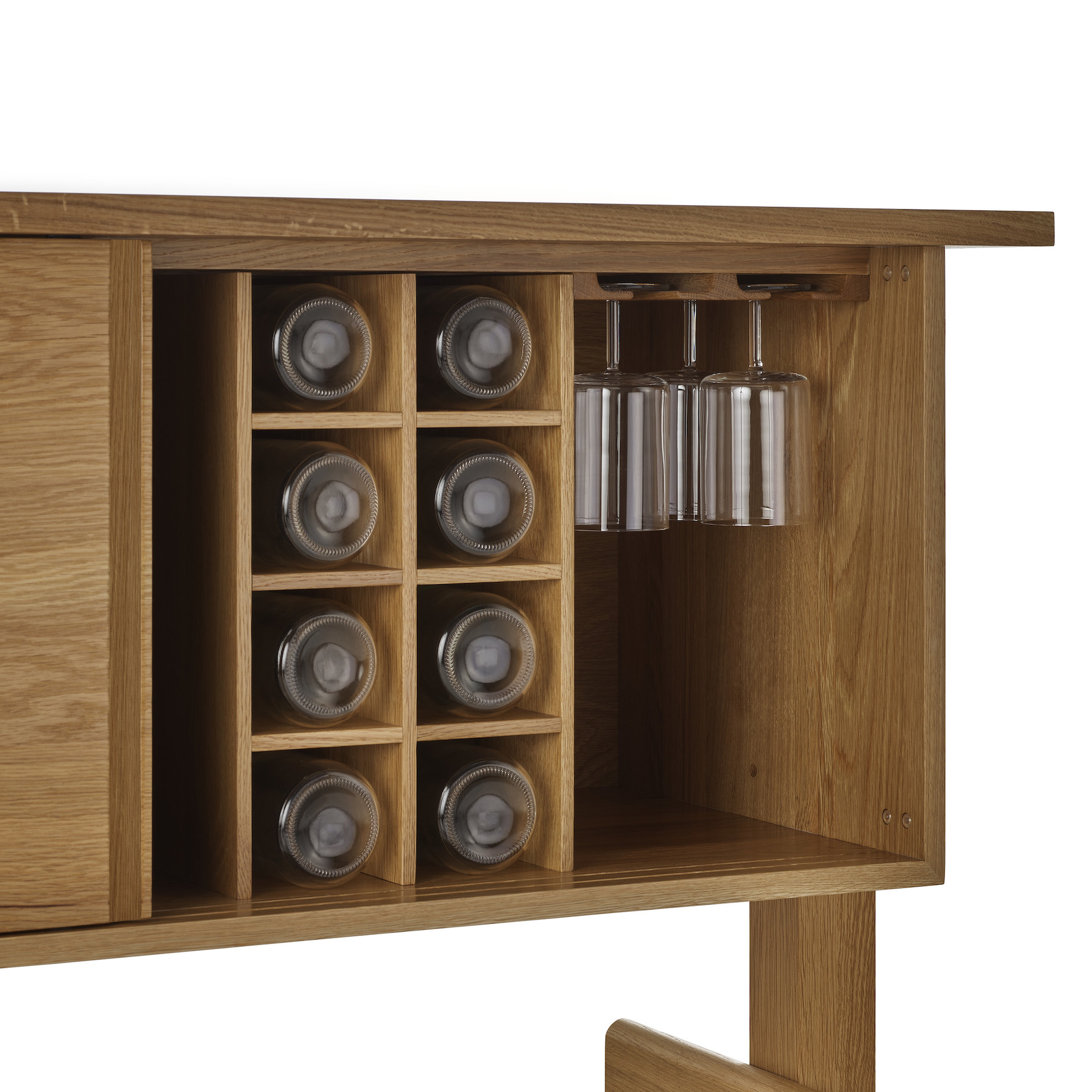 Land Credenza, Oak, Bottle and Glass storage with items showing