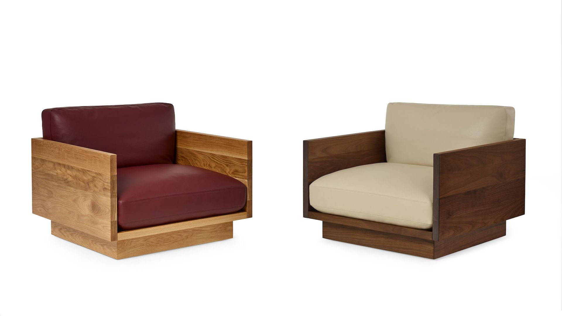 Pawson Drift Lounge Chairs in Oak/Maroon Leather and Walnut/Beige Leather (Prone Mantra and Prone Timbre)