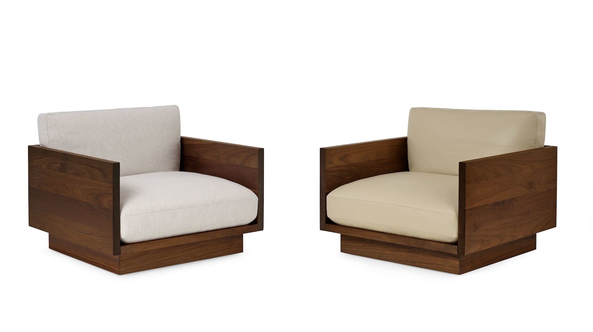 Pawson Drift Lounge Chair with walnut frame and light colored cushions (Mode Clavicle and Prone Timbre Leather)