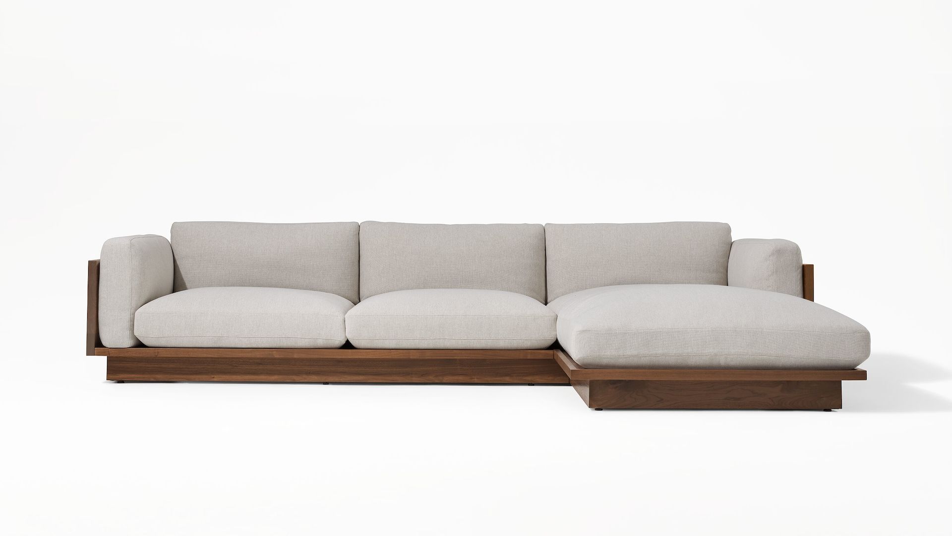 Pawson Drift Sofa Sectional in walnut and grey cushions (Mode Clavicle)