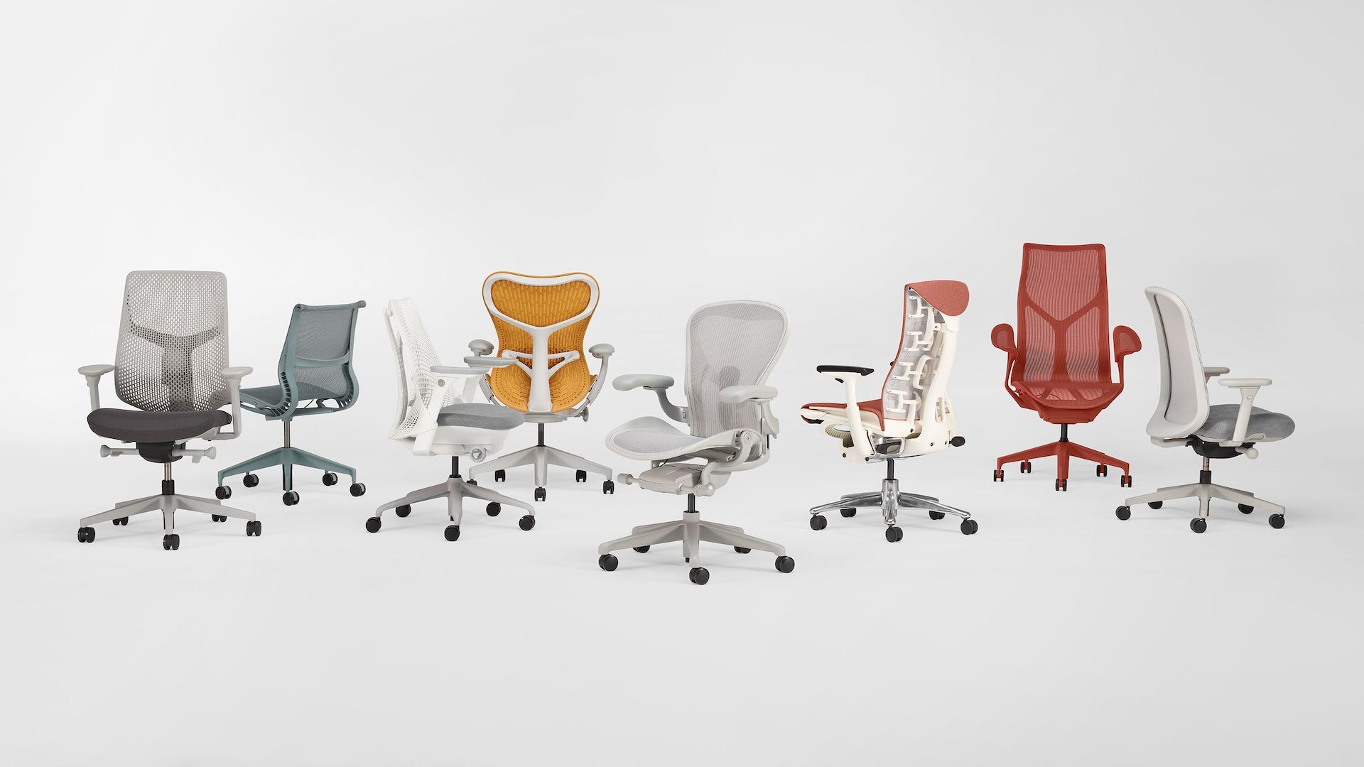 Eight high-performance chairs arranged horizontally.  Includes Aeron, Embody, Cosm, Mirra 2, Sayl, Verus, Lino, and Setu.
