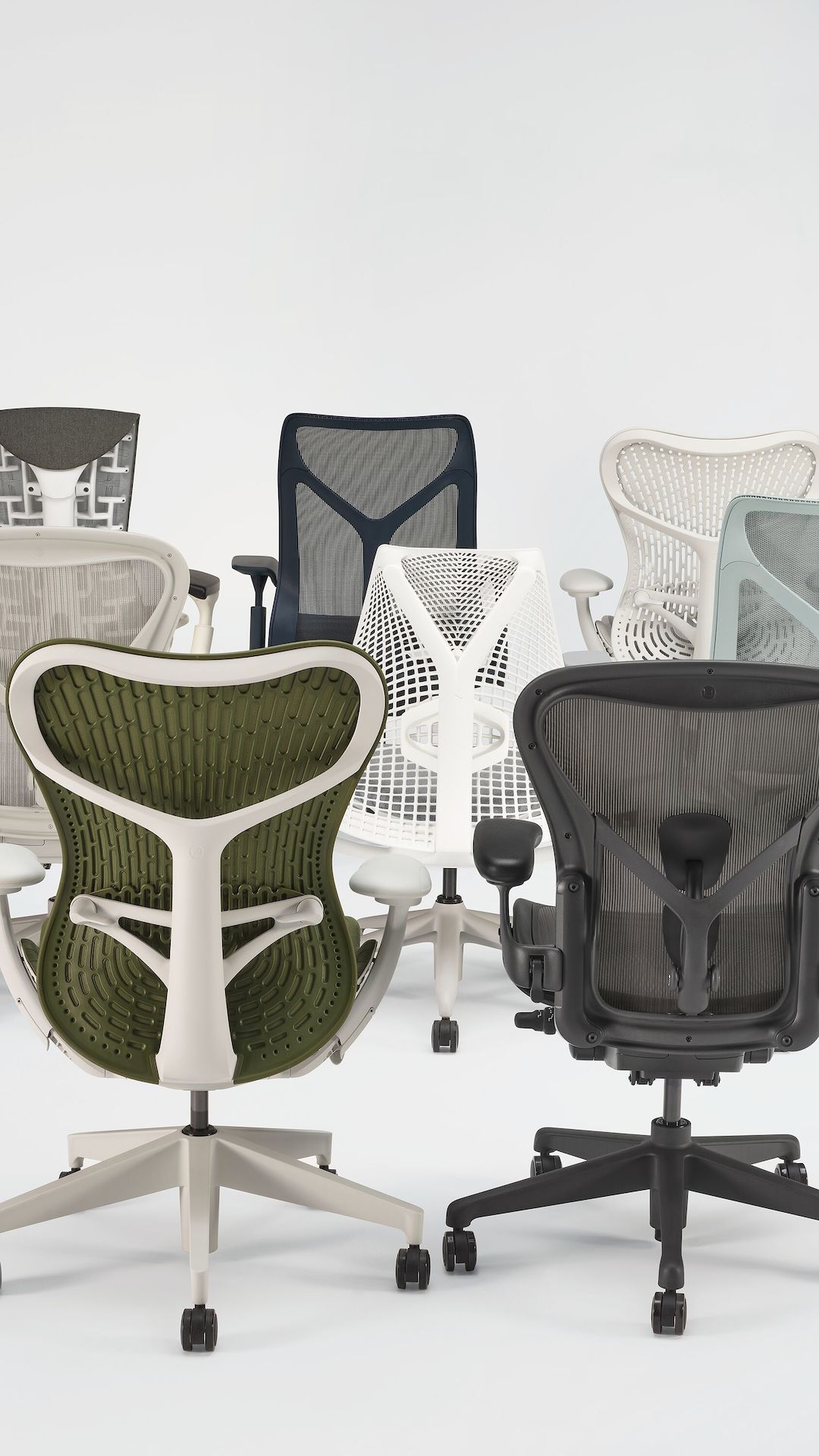 Eight high-performance chairs arranged vertically. Includes Aeron, Embody, Cosm, Mirra 2, and Sayl.