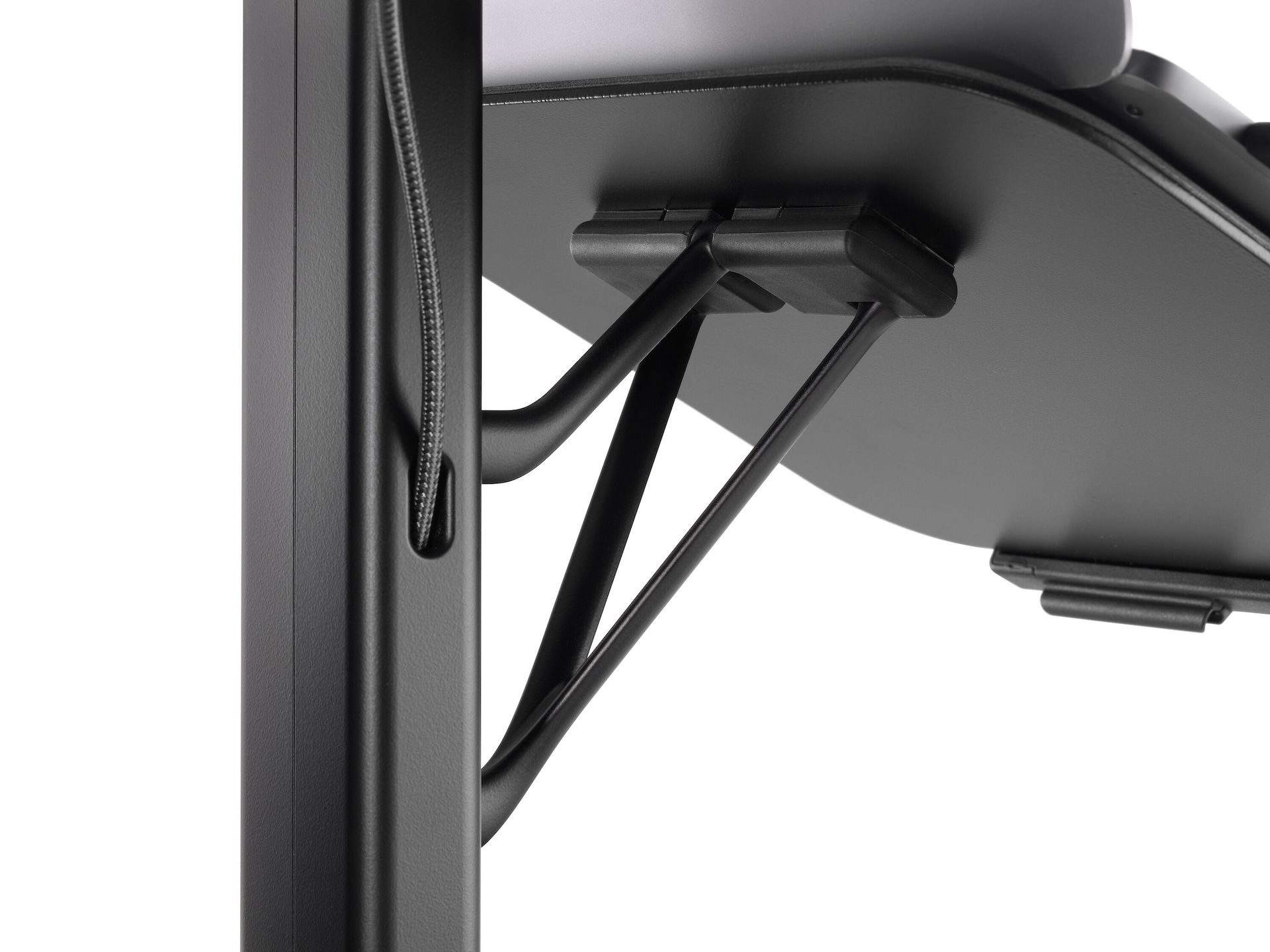 A close up of a Black Lana laptop stand.