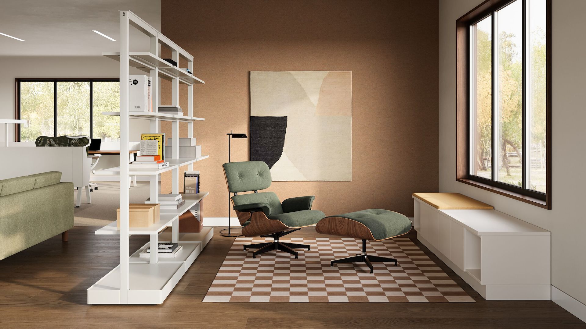 Eames Lounge Chair and Ottoman with light green upholstery and walnut frame with white OE1 Agile Walls in an office setting.