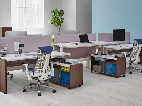 A team area containing a row of bench workstations consisting of Renew Link sit-to-stand desks, Tu wood storage, and blue Embody office chairs.