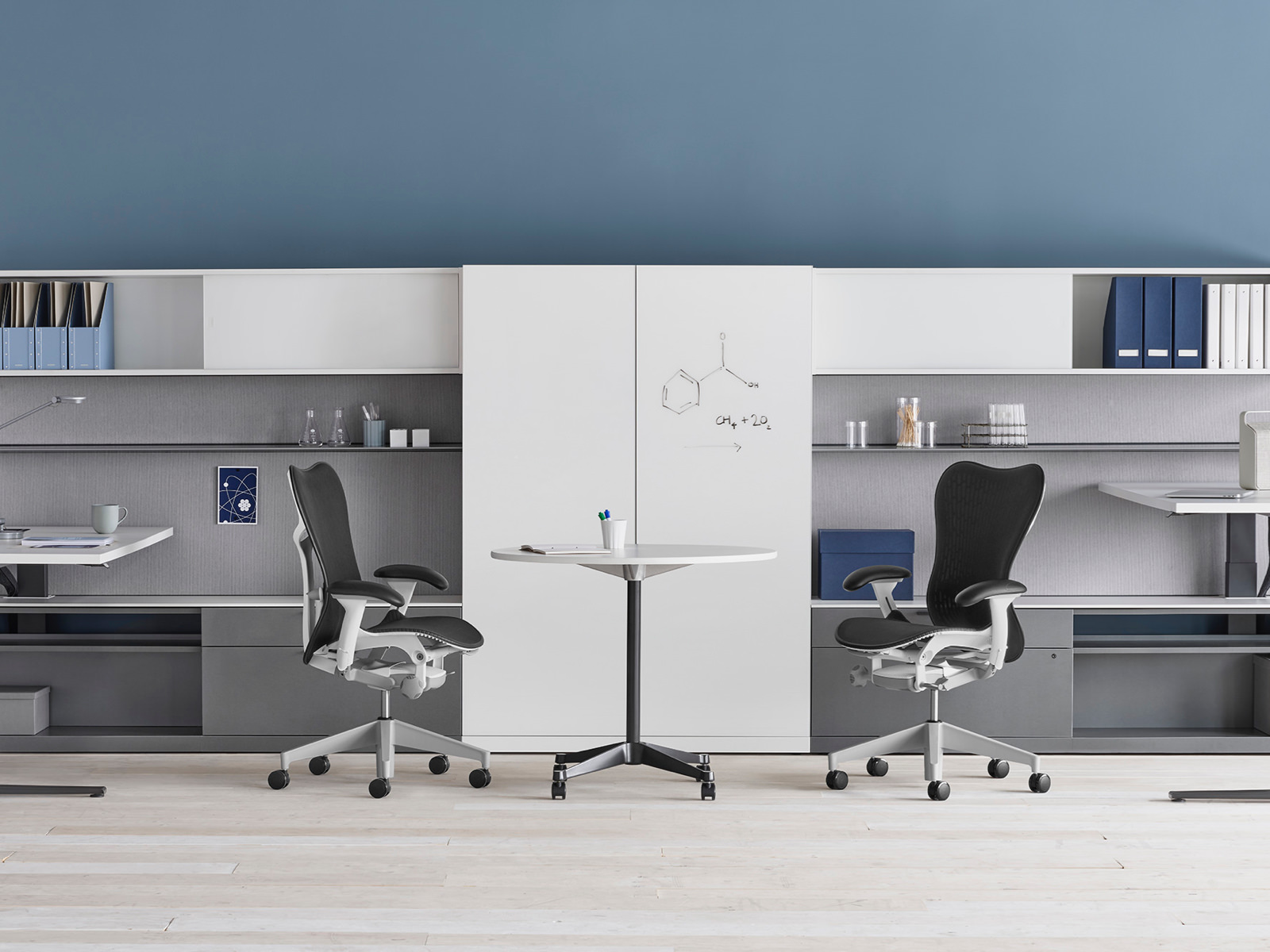 A shared Canvas Private Office with white and grey storage, height adjustable desks, and black Mirra 2 chairs.