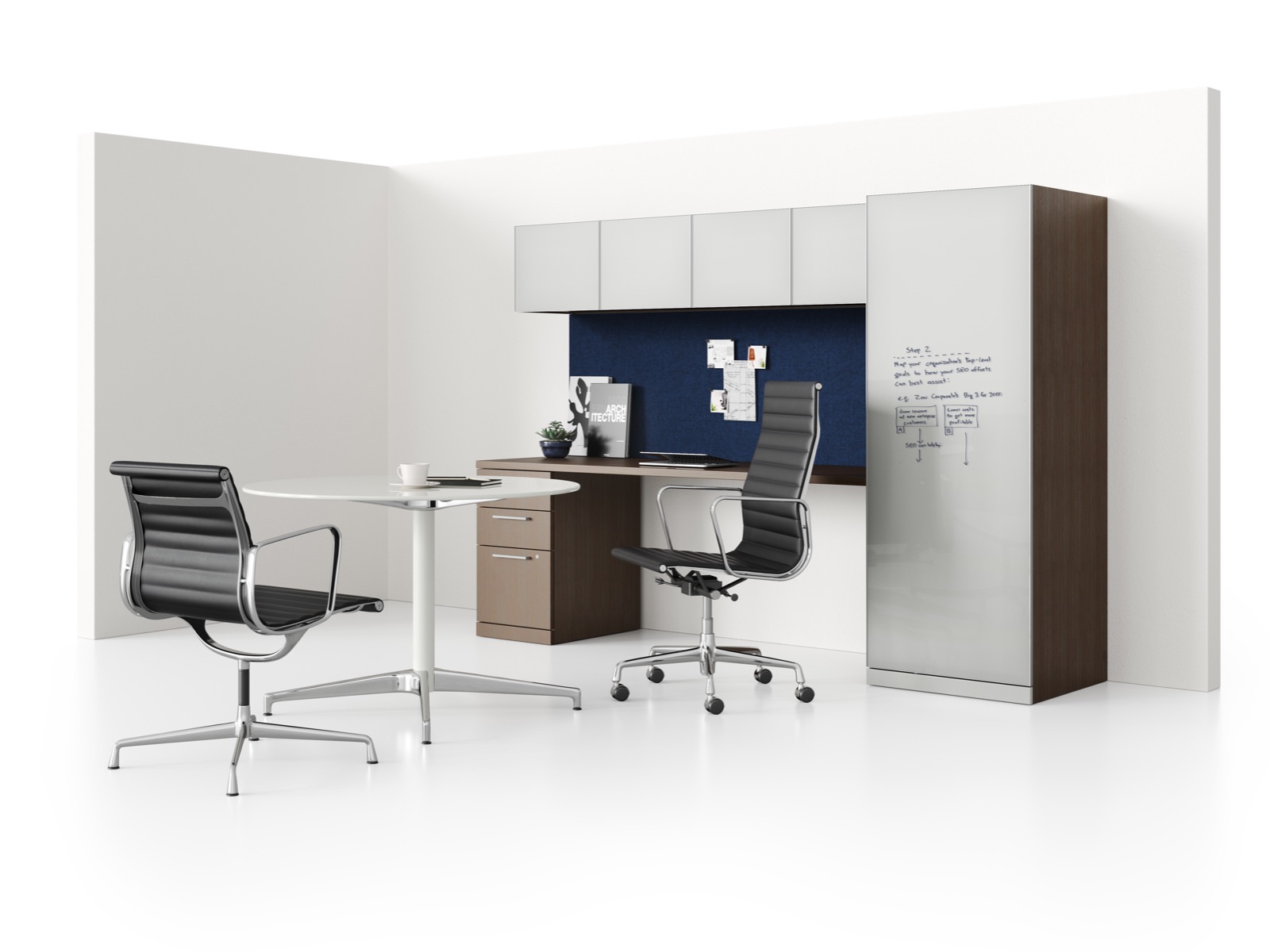 Sketches on a writable tower door in a Canvas Private Office that also includes overhead and pedestal storage.