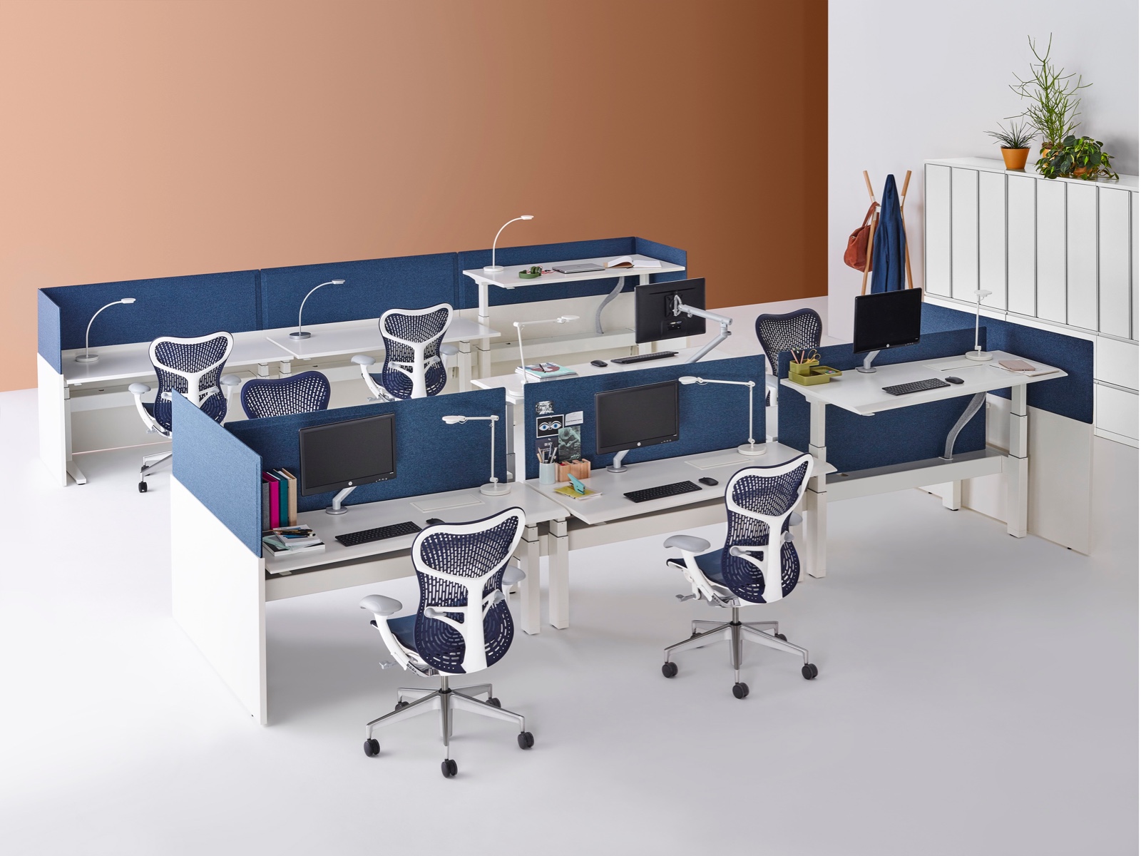 Two rows of Renew Link benching configurations with desks positioned at different heights, dark blue privacy screens, and dark blue Mirra 2 Chairs.