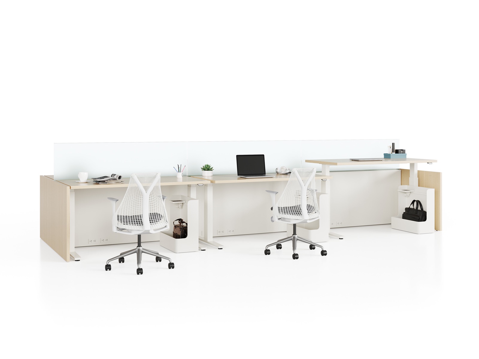 Canvas Channel workstations with wood sit-to-stand tables, glass screens, and Sayl Chairs.