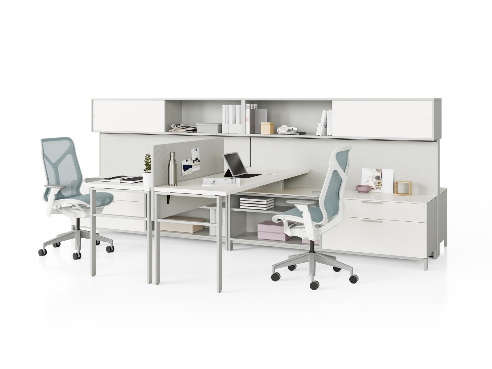 Two grey Canvas Wall workstations with white storage, surfaces, grey screens, and light blue Cosm Chairs.