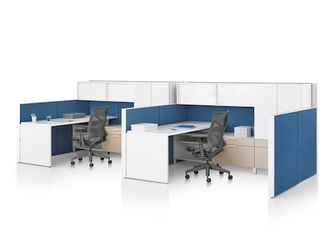 Canvas Wall workstations with blue panels, white overhead storage, and black Cosm Chairs.