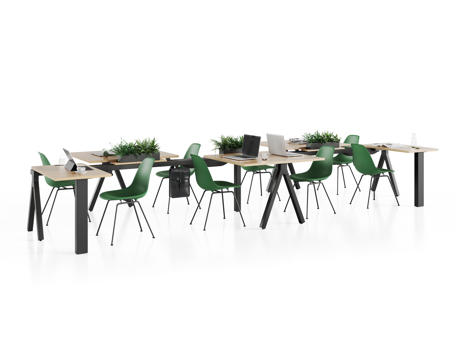 Black and oak on ash Canvas Vista cafe setting with green Eames Molded Plastic Chairs and foliage.