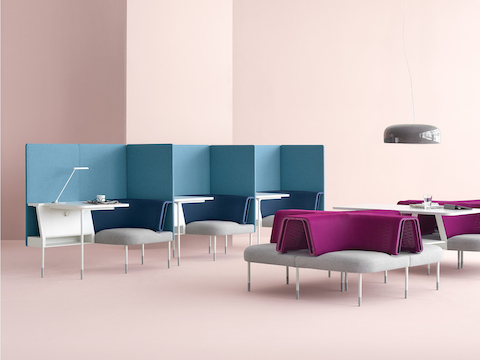 Public Office Landscape components form three small blue workpoints and an adjacent interaction zone with magenta social chairs.