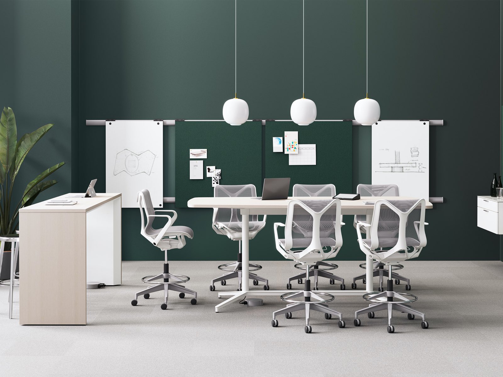 A rendering of Headway communal and Y Base table in a work room with Cosm Stools, Logic Reach providing power, and Exclave Collaborative Furniture.