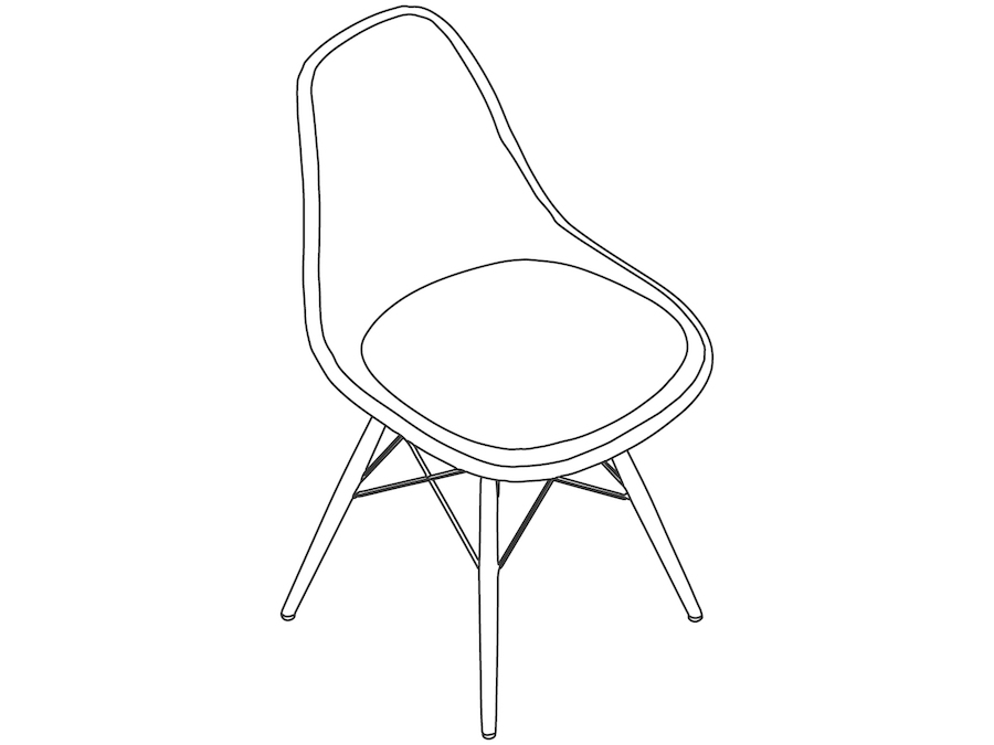 A line drawing - Eames Moulded Fibreglass Side Chair–Dowel Base–Upholstered Seat Pad