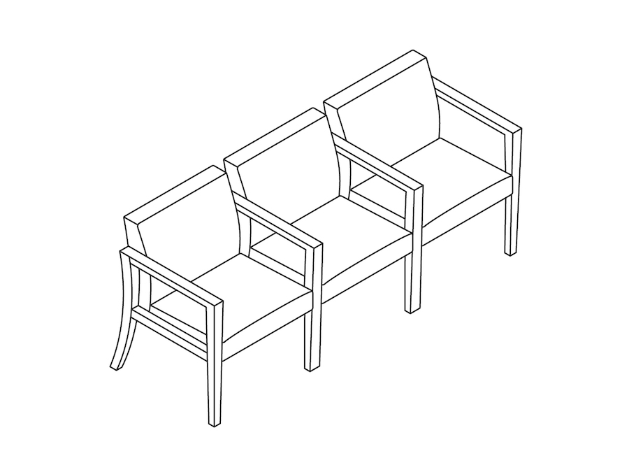 A line drawing - Nemschoff Brava Multiple Seating–Open Arm–Divider Arm and Leg–3 Seat