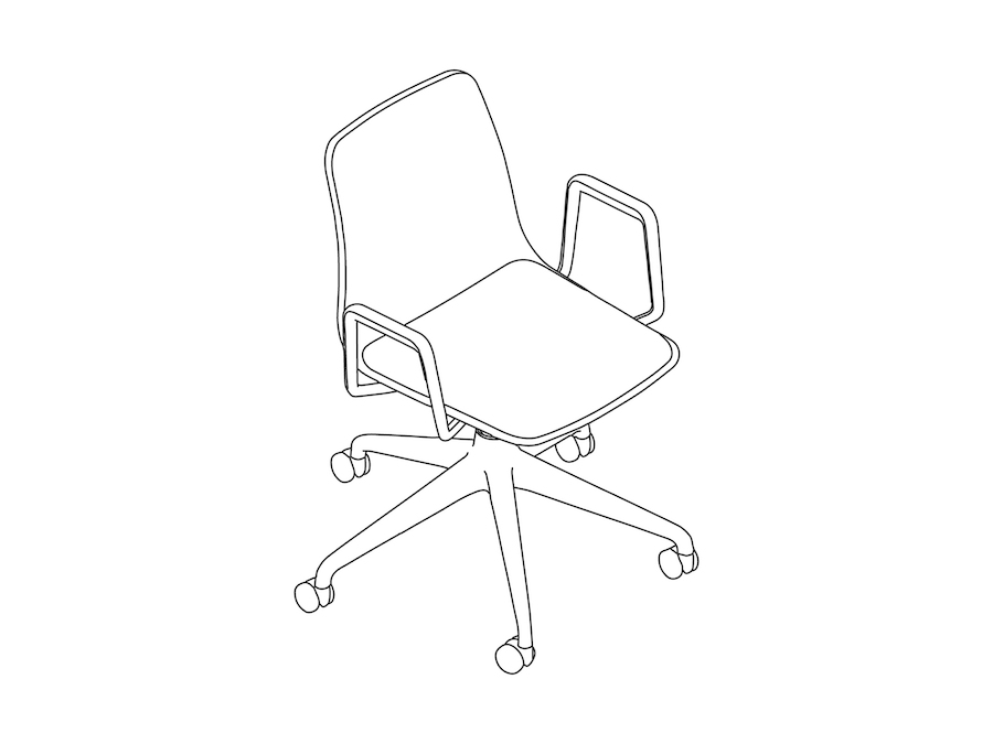 A line drawing - Polly Chair–With Arms–5-Star Caster Base–Upholstered Seat Pad
