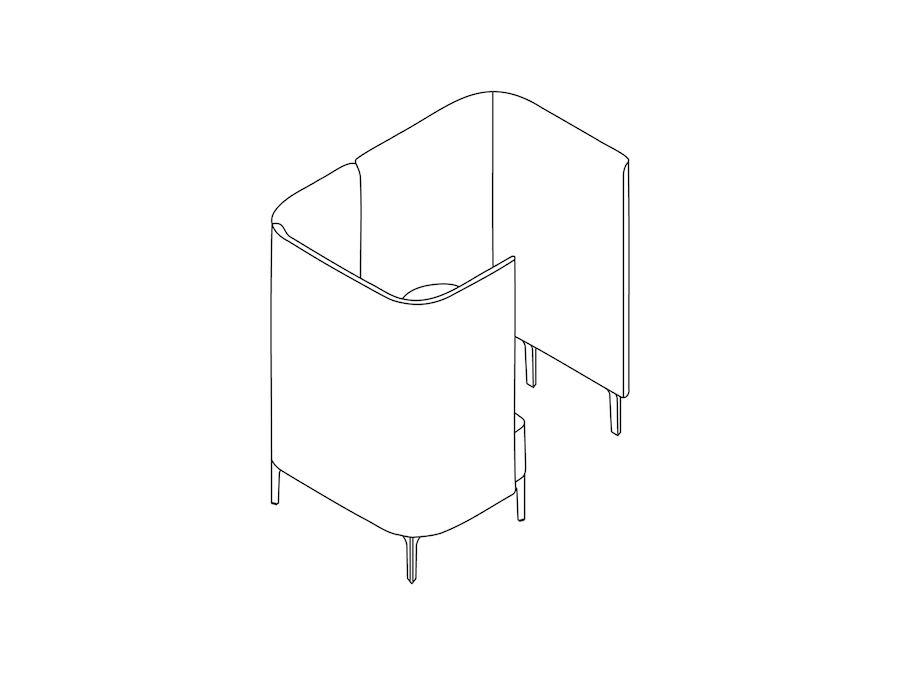 Dessin au trait : Siège capsule Pullman – Piètement pieds – Écran de séparation et tablette à gauche