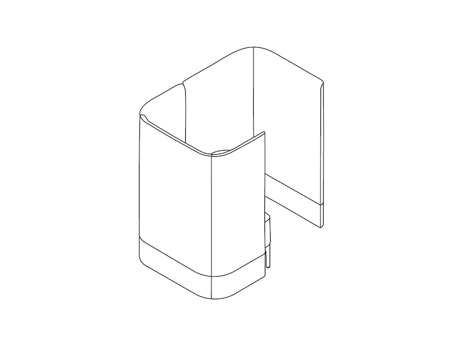 Een lijntekening - Pullman-stoelpod – plintonderstel – scherm en tablet links