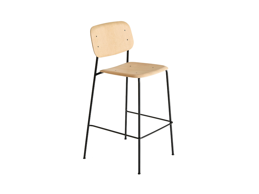 A photo - Soft Edge Stool–Bar Height–Steel Legs–Wood Seat and Back–Nonupholstered