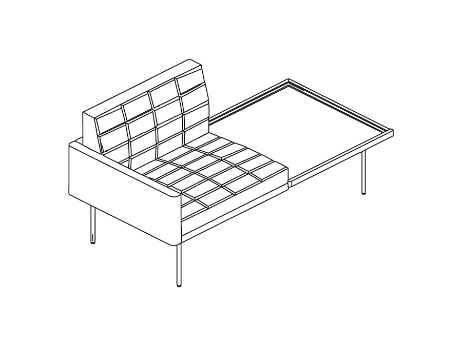 Een lijntekening - Tuxedo Component Club-stoel – tafel links – armleuning rechts