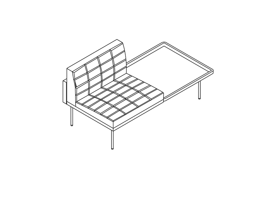 Een lijntekening - Tuxedo Component Club-stoel – tafel links – zonder armleuning rechts