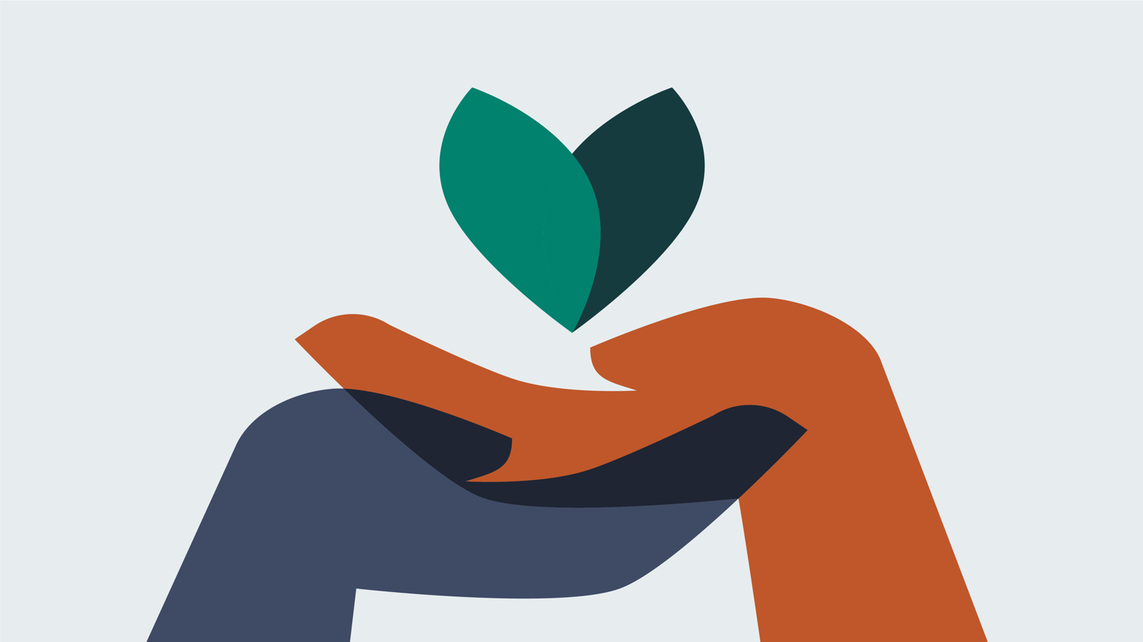 An illustration of two hands, one dark blue, the other burnt orange, lifting up a green leaf symbol. An illustration of two hands, one dark blue, the other burnt orange, lifting up a green leaf symbol.