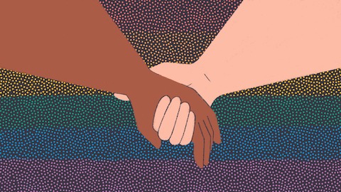 An illustration of two holding hands over a rainbow dot pattern.