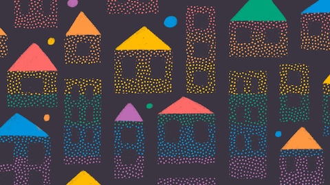 Un fondo oscuro con ilustraciones coloridas de edificios. Un fondo oscuro con ilustraciones coloridas de edificios.