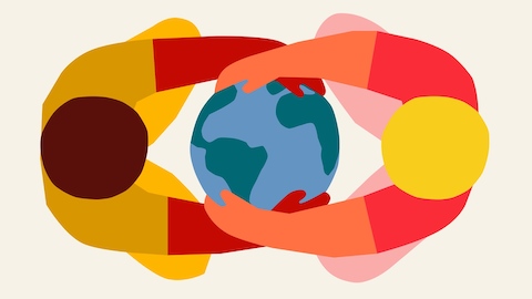 Eine abstrakte Illustration von farbenfrohen Objekten auf einem cremefarbenen Hintergrund.