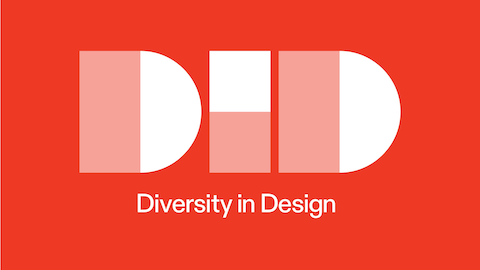 Diversity in Design Collaborative logo made up of translucent white circles and squares to spell DID on red background.