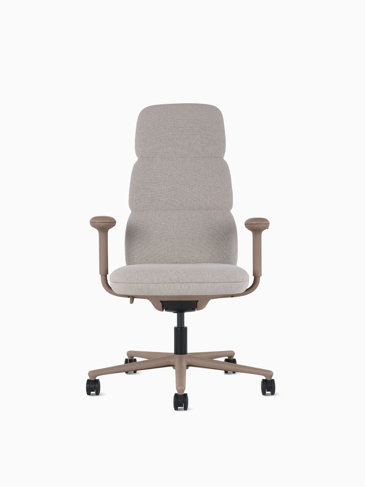 Front angle view of a high-back Asari chair by Herman Miller in light brown with height adjustable arms.