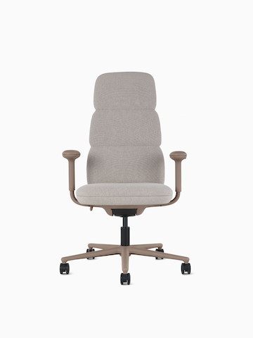 Front angle view of a high-back Asari chair by Herman Miller in light brown with height adjustable arms.