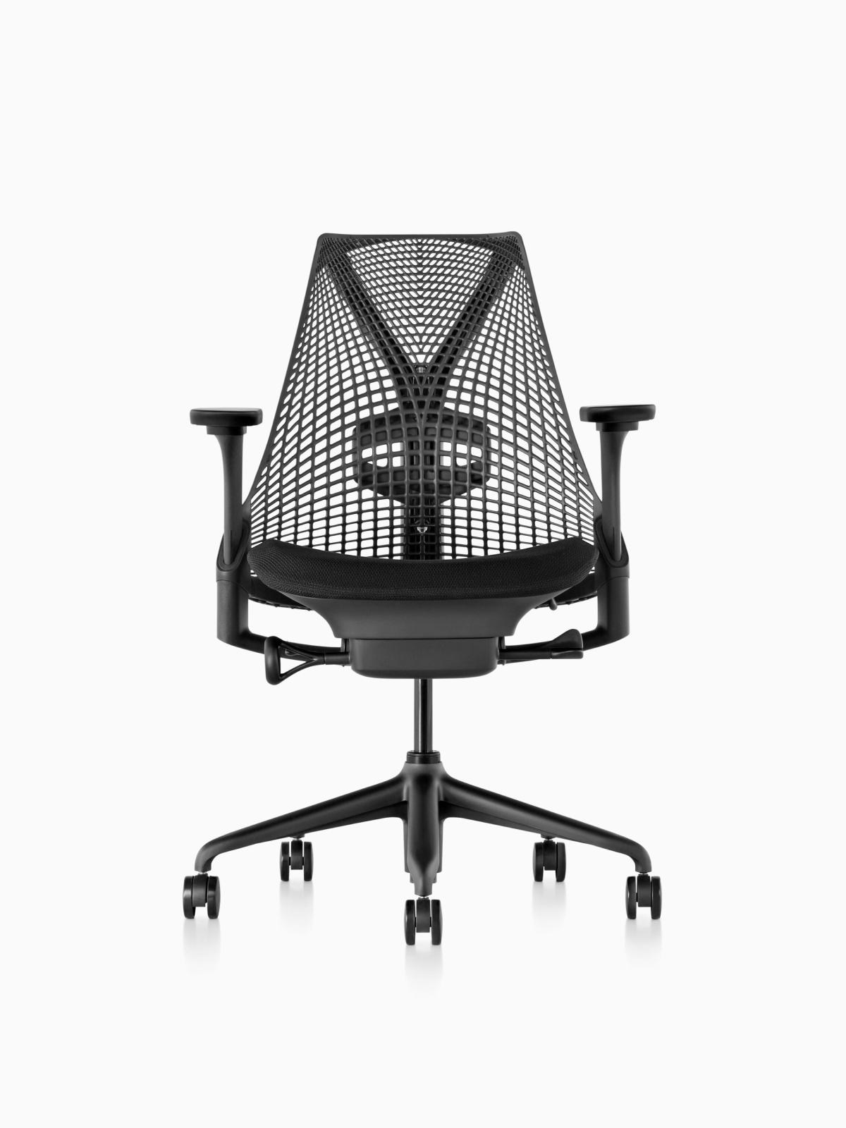 Black Sayl office chair with suspension back viewed from the front