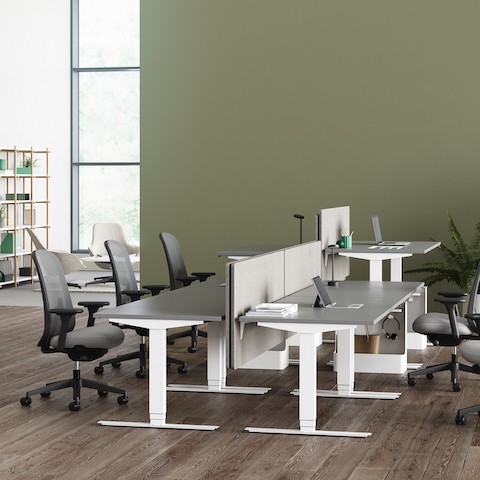 An office environment with Nevi Sit-Stand Desks positioned at varying heights with grey Lino Chairs providing seating.