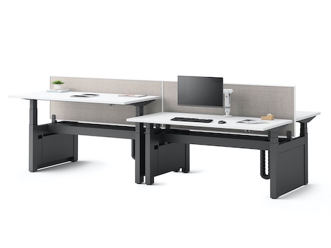 Adjacent Ratio adjustable desks positioned at standing and seated heights with privacy screens. Adjacent Ratio adjustable desks positioned at standing and seated heights with privacy screens.