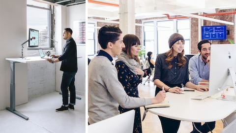 Two images. In one, a man works at a sit-to-stand table. In the other, four colleagues gather round a standing-height table. Two images. In one, a man works at a sit-to-stand table. In the other, four colleagues gather round a standing-height table.