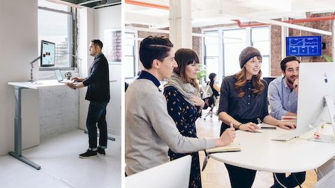 Two images. In one, a man works at a sit-to-stand table. In the other, four colleagues gather round a standing-height table.