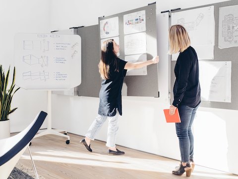 Duas mulheres examinam uma variedade de esboços em quadros brancos e materiais de inspiração em pranchas de aderência Exclave.