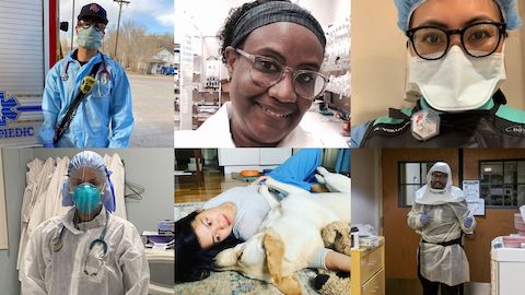Six images of frontline healthcare workers who were nominated to win an Eames Lounge Chair. 