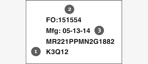 Una muestra de la etiqueta del producto Herman Miller, que muestra las ubicaciones del número de modelo, la fecha de fabricación y el número FO.
