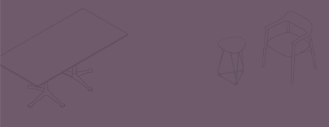 Una illustrazione dall’alto di un tavolo riunione rettangolare, un tavolo per uso occasionale triangolare e una seduta visitatore Crosshatch con effetto color wash viola