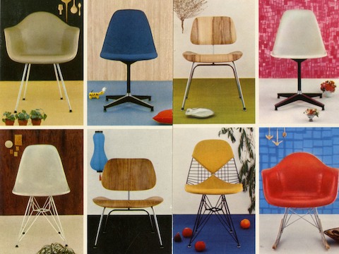 CharlesとRay Eamesによってデザインされた8つの椅子の歴史的な画像。