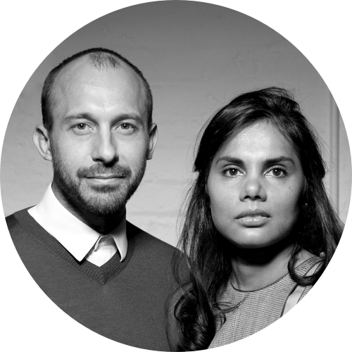 A black-and-white headshot of designers Nipa Doshi and Jonathan Levien from Doshi Levien.