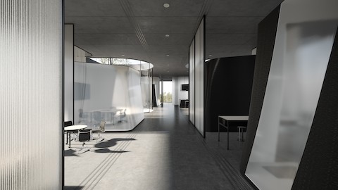 Interior view of two futuristic workplaces from design firm SLAB.