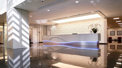 View of very modern reception and reception desk in the Clemenceau Medical Center.