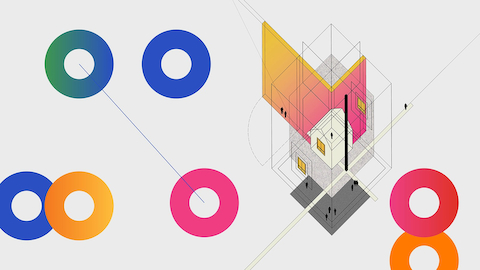 Gráfico brilhante e futurista com círculos abertos amarelos, azuis, rosa e uma ilustração representando o local de trabalho em um fundo claro